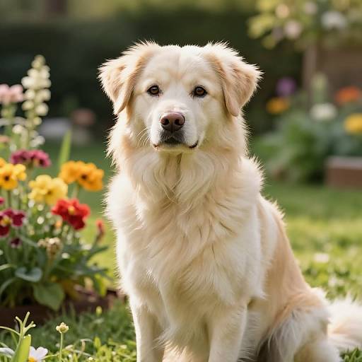 Photograph of a fluffy, cream-colored Golden Retriever sitting in a sunny garden with vibrant red, yellow, and orange flowers in the background.