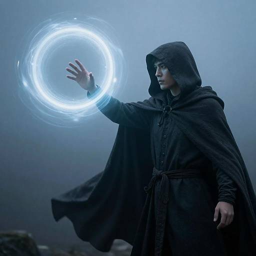 Hooded Figure Reaching for Ethereal Light