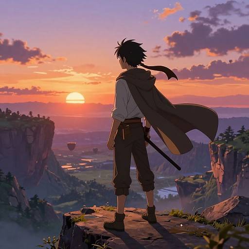 Anime-style drawing of a young man with spiky black hair, standing on a cliff, wearing a cape and holding a sword, watching a vibrant sunset