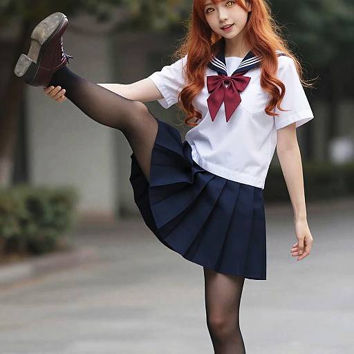 Kawaii Schoolgirl Standing on One Leg