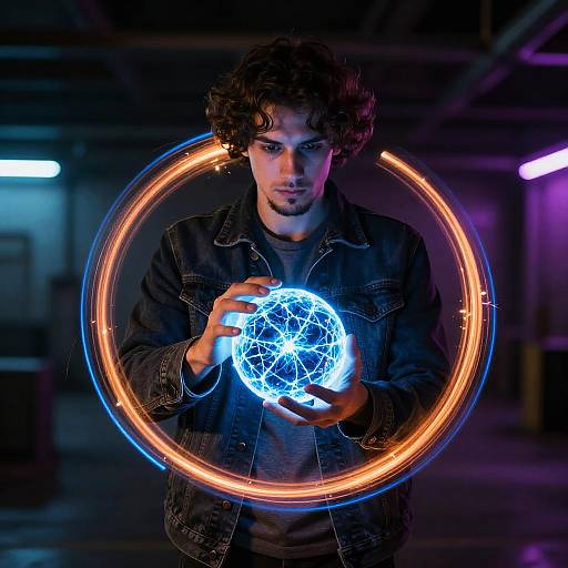 Photograph of a curly-haired man in a dark denim jacket, holding a glowing blue holographic sphere, surrounded by a neon orange light circle, in
