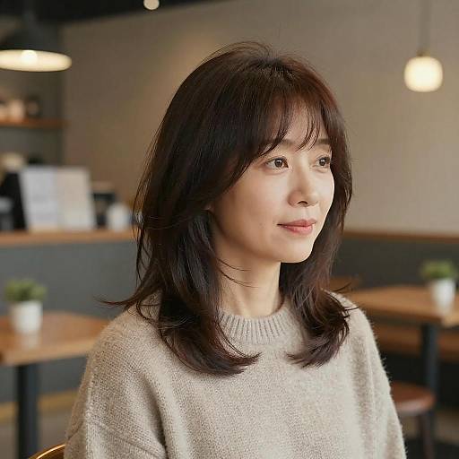 Photograph of an Asian woman with shoulder-length black hair, wearing a beige sweater, sitting in a modern, softly lit café.