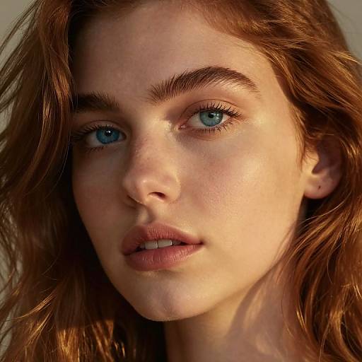 Photorealistic close-up of a young woman with fair skin, blue eyes, and wavy brown hair, looking slightly to the side with a neutral