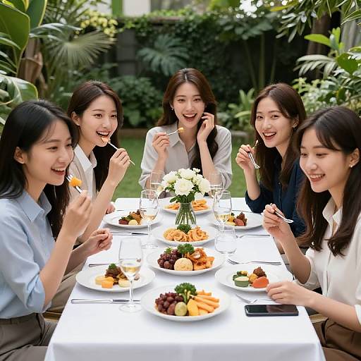 Five Asian women with long black hair, laughing and eating dessert in a lush garden. White tablecloth, floral centerpiece, colorful plates. Photograph.