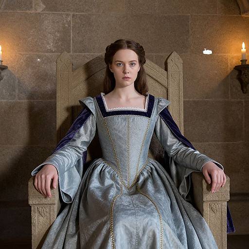 Photograph of a pale-skinned, brunette woman in a medieval-style, light blue satin gown with black trim, seated on a wooden throne in a