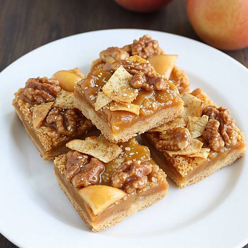 Photograph of four caramel-filled, walnut-topped bars on a white plate, with an apple partially visible in the blurred background.