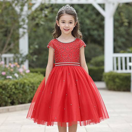 Photograph of a young Asian girl with long brown hair, wearing a red, glittery dress, tiara, and smiling, standing in a garden