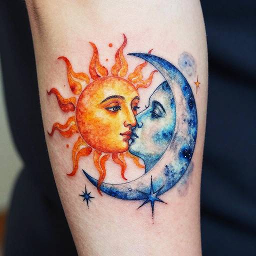 Tattoo of a vibrant orange sun with a human face kissing a blue crescent moon with a human face, surrounded by stars, on a person