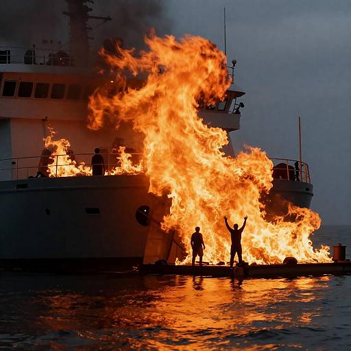 Ship Deck Engulfed in Flames with Silhouetted Figures