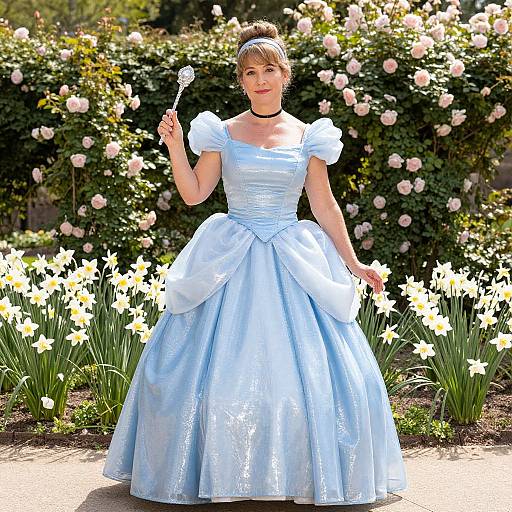 Photograph of a woman in a light blue, puffed-sleeve ball gown with a large skirt, holding a lollipop, standing in a
