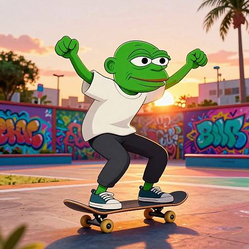 Cartoon green-skinned character with white shirt and black pants skateboarding in vibrant graffiti-laden skate park at sunset, arms raised.