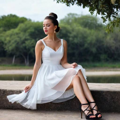 Elegant Woman in White Dress Sitting Outdoors