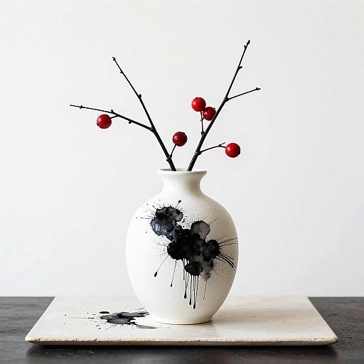 Modern White Vase with Ink Splatters and Red Berries