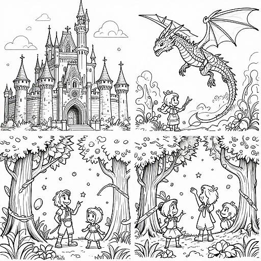 Black-and-white ink drawing of a fairy-tale castle with dragons, children, and lush trees, blending fantasy and whimsical elements.