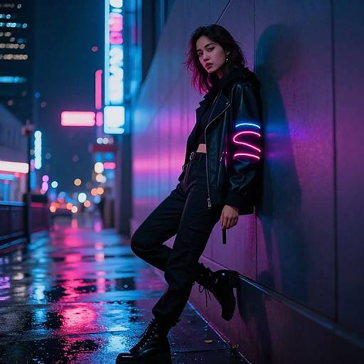 Neon-lit urban night scene photograph of a confident, dark-haired woman in a black leather jacket and pants, leaning against a wet wall, with