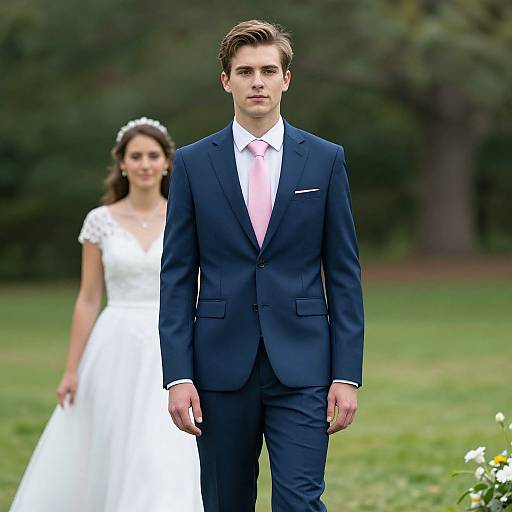 Photograph of a serious young man in a dark navy suit with pink tie walking in front of a smiling woman in a white wedding dress in a green