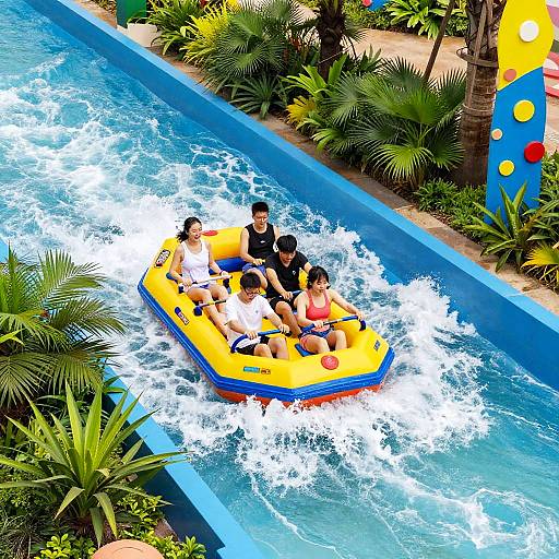 Photograph of four people, two adults and two children, riding a yellow and blue inflatable raft on a fast-moving water slide surrounded by lush greenery