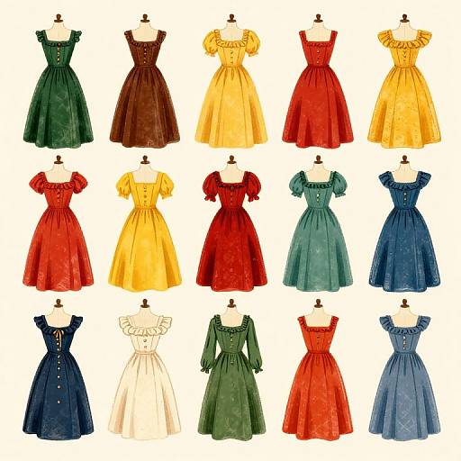 Photograph of 16 vintage-style dresses in various colors (green, brown, yellow, red, blue, white) displayed on mannequins