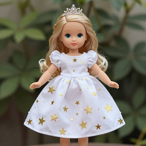Photograph of a blonde doll with blue eyes, wearing a white dress with gold stars, and a silver tiara, standing against a blurred green leaf
