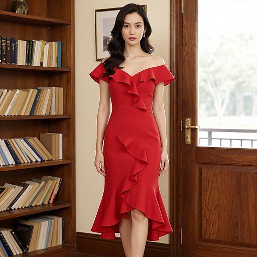 Photograph of an Asian woman with long black hair, wearing an off-shoulder, ruffled red dress, standing in a wooden-paneled library