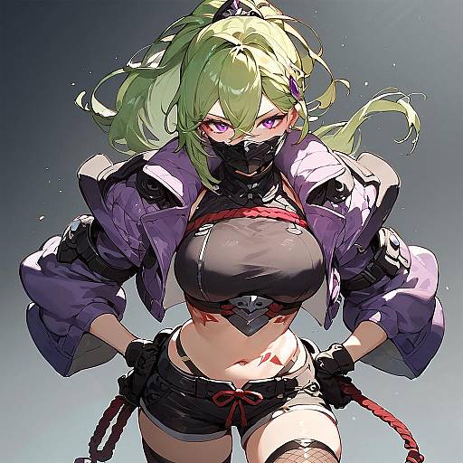 Digital anime-style drawing of a fierce, green-haired woman with purple eyes, wearing a black mask, cropped top, and jacket, bound with red rope