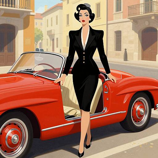 Digital illustration of a stylish woman with black bob haircut, red lipstick, and black suit, stepping out of a vibrant red classic convertible in a sunlit