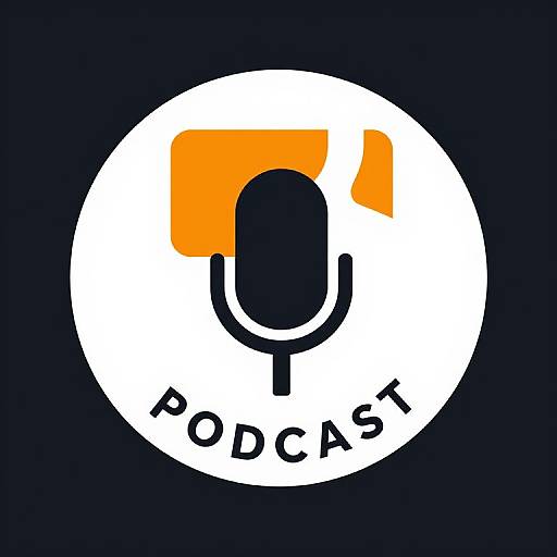 Graphic logo: Black microphone with orange rectangle overlay, white circular background, 