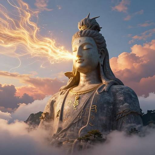Photorealistic CGI of a serene, stone Buddha statue with closed eyes, radiating golden light from its forehead against a pink and blue cloudy sky.