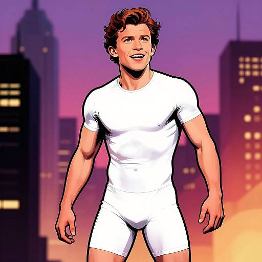 Digital comic-style drawing of a muscular man in white tight shorts and t-shirt, standing confidently against a sunset city skyline.
