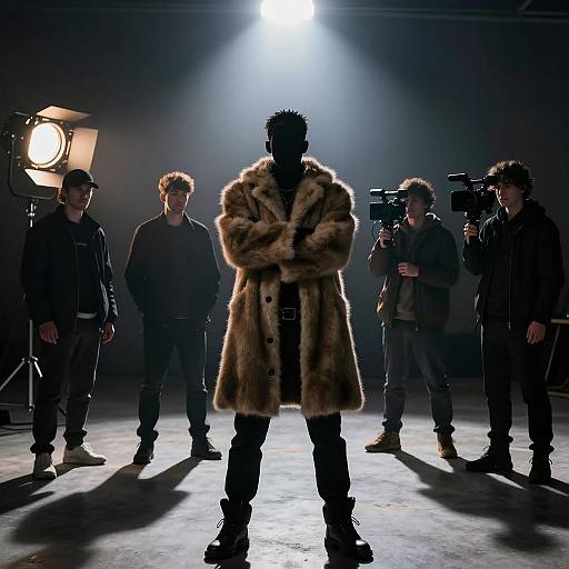 Silhouetted Man in Spotlight with Crew