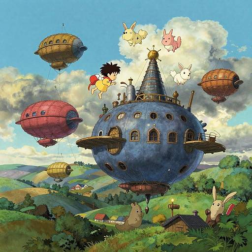 Digital illustration of a whimsical, blue airship with a conical top, floating above a green, hilly landscape with floating hot air balloons and