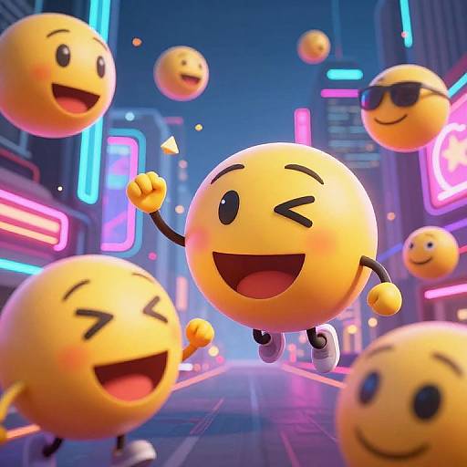Digital CGI image of yellow, smiling, emoji-like characters with black arms and legs, jumping in a neon-lit, futuristic city street.