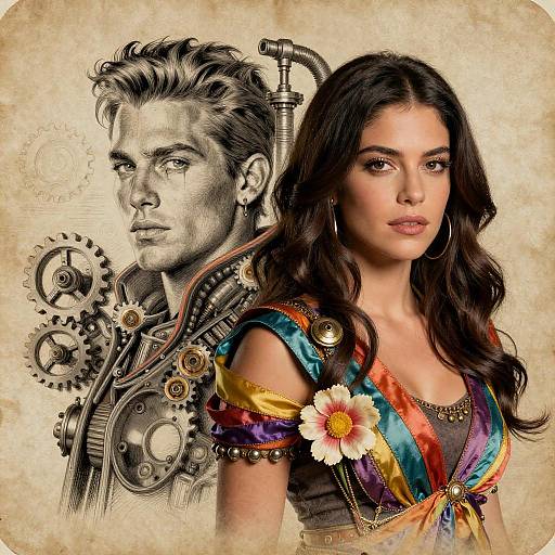 Detailed Lithography Portrait with Flowers