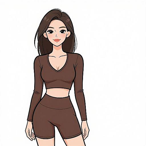 Digital drawing of a smiling Asian woman with long black hair, wearing a black long-sleeve crop top and high-waisted shorts, standing against