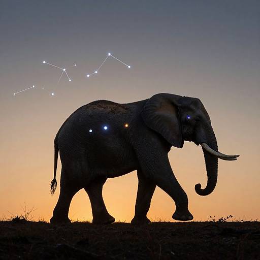 Photograph of a silhouetted elephant with glowing blue dots on its body, walking against a sunset sky with a constellation backdrop.