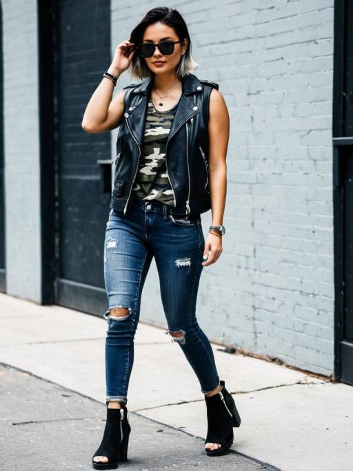 Edgy Woman in Camouflage Top and Leather Vest