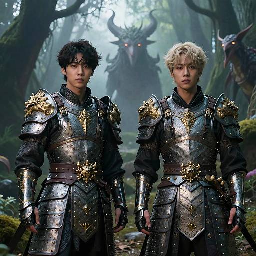Photorealistic CGI of two armored men with different hair colors standing in a misty forest, facing a menacing, horned creature. Dark and intricate