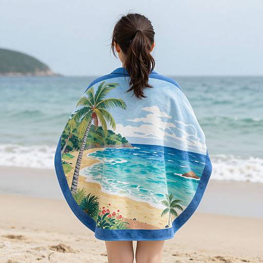 Photograph of a woman with dark hair in a ponytail, standing on a beach, wearing a beach towel featuring a tropical paradise scene with palm trees