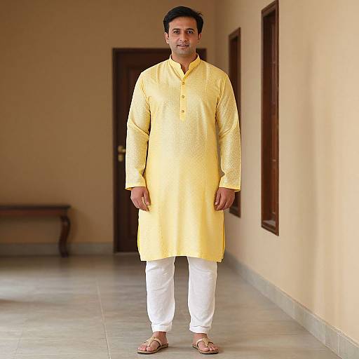 Photograph of a South Asian man in a yellow traditional kurta, white pants, and brown sandals, standing in a beige hallway.