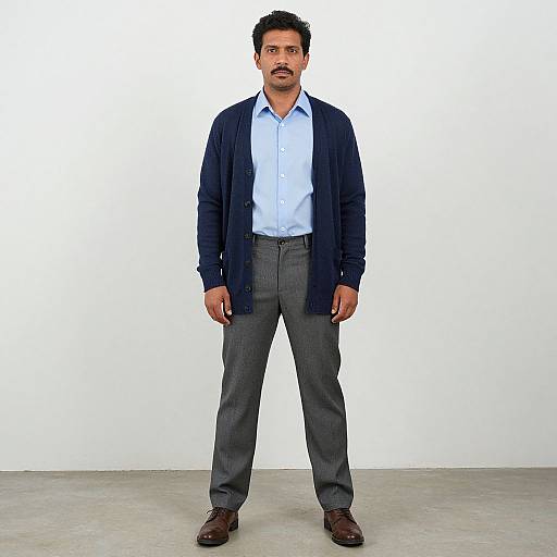 Photograph of a middle-aged Indian man with dark hair and mustache, wearing a blue cardigan, light blue shirt, gray pants, and brown