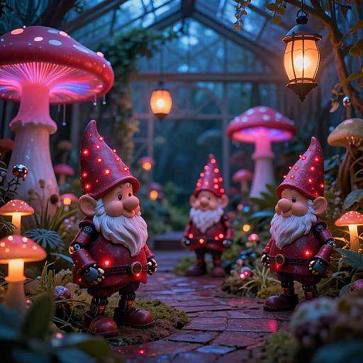 Photograph of whimsical garden scene with glowing red mushrooms, fairy lights, and two illuminated gnomes with red hats, white beards, and