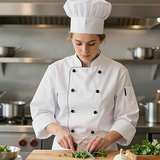 Focused Female Chef in Bright Kitchen