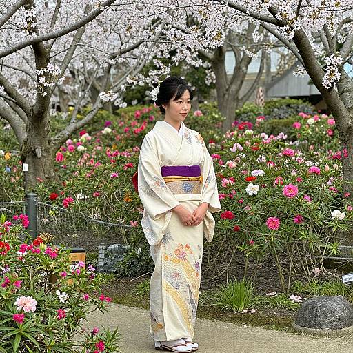 Japanese woman in white floral kimono with purple belt, standing in blooming garden with cherry blossoms and colorful flowers.