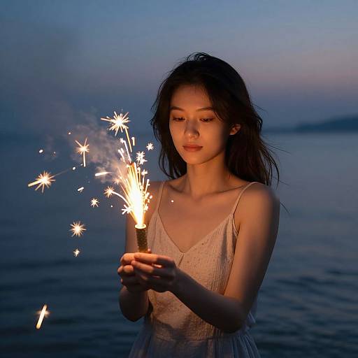 Photograph of a young Asian woman with long black hair, wearing a white sleeveless dress, holding a sparkler at dusk by a calm ocean.