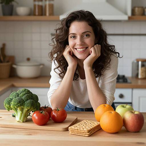 Smiling woman with curly brown hair in white shirt leans on kitchen counter, surrounded by broccoli, tomatoes, oranges, apples, and crackers. Bright,