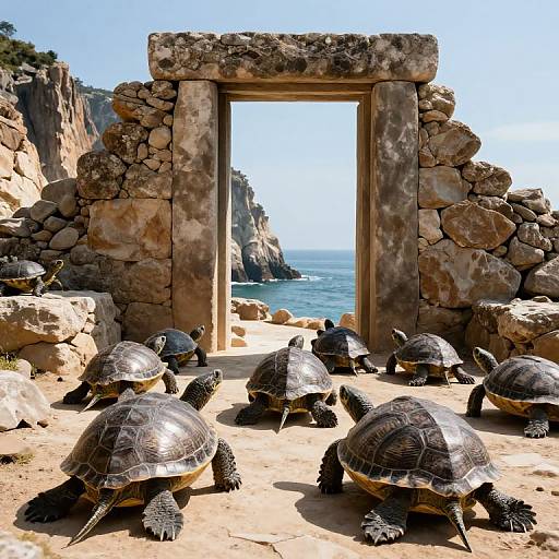 Turtle Procession Near Ancient Archway