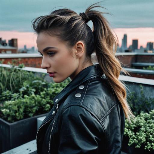 Woman with Twisted Ponytail and Leather Jacket on Rooftop