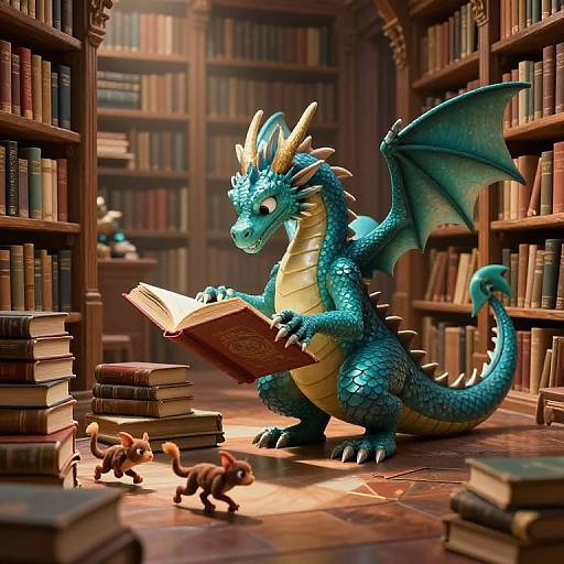 CGI image of a blue dragon with yellow underbelly, reading an open book in a sunlit, wooden library with stacked books and small toy