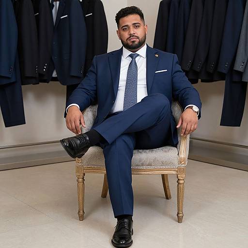 Photograph of a bearded South Asian man in a navy suit, white shirt, and black tie, sitting confidently in an ornate chair, with