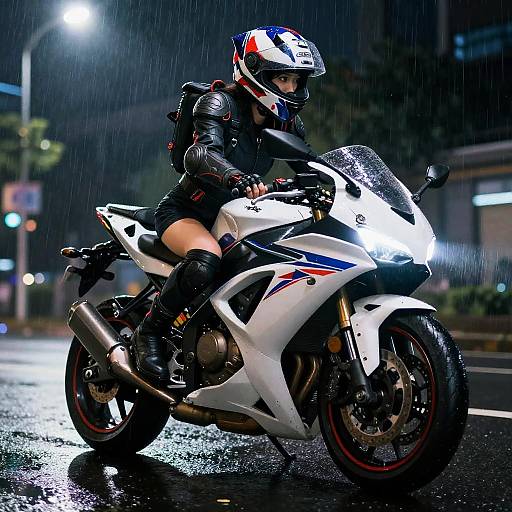 Rain-Soaked Mecha Rider on Motorcycle
